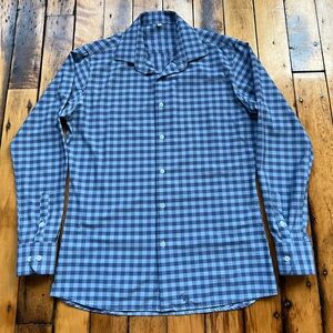 State & Liberty Mens Large Blue Gingham Plaid Stretch Button Down Shirt Office